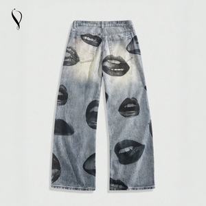 <span class=keywords><strong>Jeans</strong></span> Stampati da <span class=keywords><strong>Uomo</strong></span> Stile Punk Casual Nero Bianco Ecologici Traspiranti Gamba Larga Designer Nightclub - Product Image 2