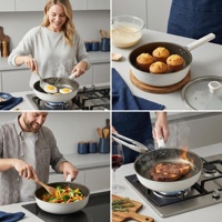 Poêle à frire multifonctionnelle en titane antiadhésive sans fumée avec couvercle en verre, intérieur en céramique, chauffage facile, nettoyage facile, utilisation familiale en cuisine