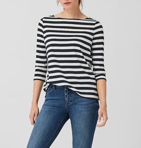 T-shirt da <span class=keywords><strong>donna</strong></span> con scollo <span class=keywords><strong>a</strong></span> barca <span class=keywords><strong>a</strong></span> <span class=keywords><strong>righe</strong></span> <span class=keywords><strong>bianche</strong></span> <span class=keywords><strong>nere</strong></span> 100% cotone Casual <span class=keywords><strong>a</strong></span> tre quarti ricamato in tessuto <span class=keywords><strong>a</strong></span> maglia traspirante - Product Image 4