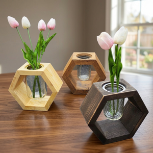 Support hexagonal en bois pour fleurs, design minimaliste, support de plantes de bureau intérieur, finition naturelle, multifonction, 20L, fabriqué en Inde - Product Image 1