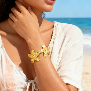Floral Patchwork <b>Bracelet</b> 18k <b>Gold</b> Plated <b>Adjustable</b> Women's Jewelry Fashion Accessory - Product Image 1
