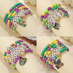 Colorful Carnival Polymer <b>Clay</b> Bracelet <b>Set</b> With Alphabet Beads And Charm For Party Women Jewelry - Product Image 1