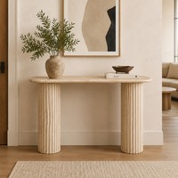 Table console moderne en travertin naturel personnalisable, forme ovale faite à la main avec pieds cannelés, pierre beige pour salon ou usage scolaire