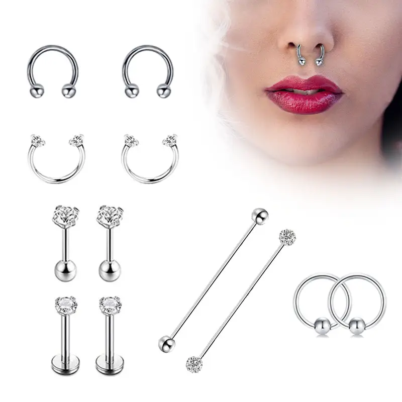 Poennis Trending Oppervlak Piercing Sieraden Straight U-Vormige Barbell 11 Tong Kraakbeen Neus Piercing Sieraden Set