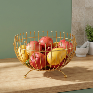 Support de panier à fruits rond en métal avec finition dorée pour rangement de cuisine, design en fil métallique durable, style moderne, à un seul niveau - Product Image 3