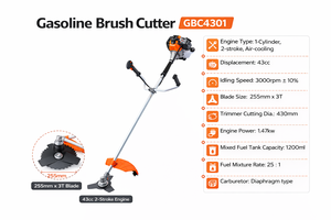 Débroussailleuse à essence 43cc 1,47 kW Moteur 2 temps refroidi par air Lame 3T de 255 mm Diamètre de coupe 430 mm Réservoir de carburant 1200 ml Taux de mélange 25:1 - Product Image 5