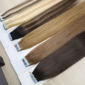 Chegada nova Longa Reta Cutícula Alinhada Duplo Desenhado Cabelo Sem Derramamento Livre Remy 100% Fita Adesiva Humana Extensão Do Cabelo