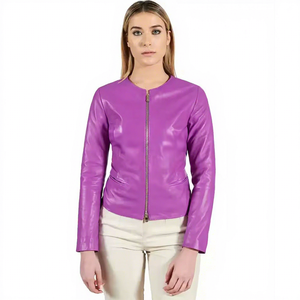Womens Real Purple <b>Leather</b> <b>Jacket</b> Collarless Crew Neck Sheepskin Coat Zipper Front Side Pockets Slim Fit Custom Outwear New Look - Product Image 1