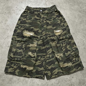 Men's Camouflage Cargo Shorts Distressed Multi-pocket Style Casual Elastic Waist Canvas Shorts - Product Image 5