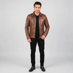 2026 Top Selling <b>Men's</b> Winter Biker <b>Jacket</b> Genuine Sheepskin Leather in Brown XL Size <b>Canvas</b> Fabric Zipper Vintage Breathable - Product Image 1