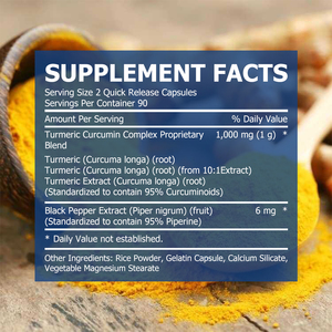 Turmeric Curcumin Capsules 1000 Mg 180 Count <b>Herbal</b> <b>Supplement</b> with Black Pepper Extract Standardized Body Management - Product Image 2