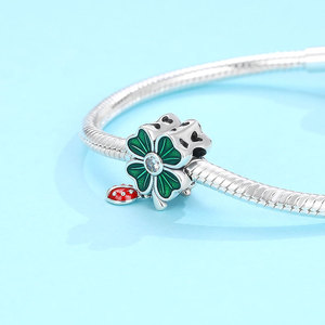S925 Sterling Silver Green Enamel Clover Bead <b>Red</b> Ladybug Dangle Charm Center CZ Fit Snake Chain <b>Bracelet</b> Women Lucky Gift - Product Image 3