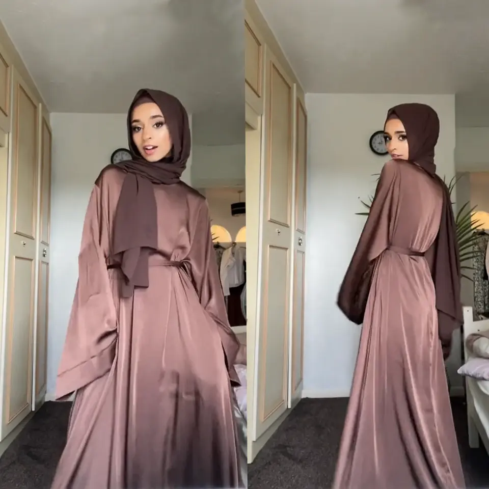 最新の卸売イスラム服控えめなドバイ豪華な無地サテンシルクローブイスラム教徒の女性の女の子のドレスヒジャーブアバヤ