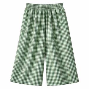 Culottes Personalizzate da Donna in Puro <span class=keywords><strong>Lino</strong></span> <span class=keywords><strong>Verde</strong></span> a Quadretti con Vita Elastica, <span class=keywords><strong>Pantaloni</strong></span> Estivi Casual a Gamba Larga - Product Image 3