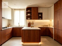 Gabinetes de Cocina de Nogal Natural Ecológicos y Personalizados XINGRUO, Diseño Curvo Minimalista, Juego de Gabinetes Japoneses de Lujo