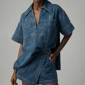 Ensemble de costume en denim délavé foncé personnalisé pour femmes Ensemble deux pièces élégant OEM ODM Logo personnalisé + motif + étiquettes + couleurs - Product Image 3