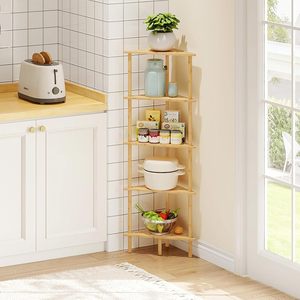 Corner Shelf 5 Tier Natural Wood Color Standing <b>Storage</b> <b>Kitchen</b> Living Room Study Organization <b>Unit</b> - Product Image 1