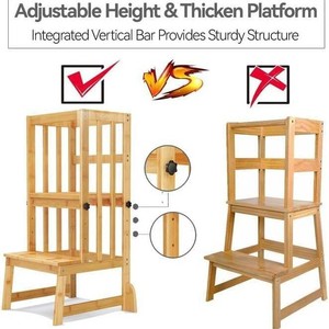Child Kitchen Step <b>Stool</b> With Safety Rails <b>Bamboo</b> Adjustable Height Learning Tower For Toddlers - Product Image 3