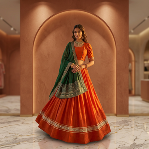 Orange Embroidered <b>Lehenga</b> Choli for <b>Women</b> with Green Dupatta Traditional Bridal Wedding Party Wear Ethnic Designer Outfit - Product Image 1