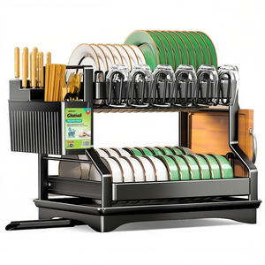 Escurridor de platos extensible de 2 niveles sobre el fregadero con sistema de drenaje para almacenamiento en la encimera de la cocina - Product Image 2
