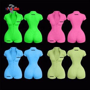 Mono de una pieza con cremallera, de verano, manga corta, para gimnasio, ajustado, para entrenamiento, personalizado, con cuello en V, para mujer - Product Image 2