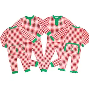 Personalized popular 2 piece Christmas pajamas family sets kids red gingham butt flap pajamas with zipper