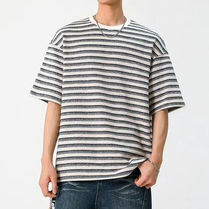 Camiseta de Manga Corta Holgada para Hombre, Estilo Retro Japonés, Tendencia Moderna, Textura Pesada de 310g, Rayas en Contraste, 100% Algodón - Product Image 1