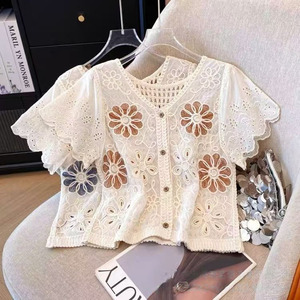 Women's <strong>White</strong> Bohemian Crochet <strong>Shrugs</strong> Short Sleeve Knitted <strong>Cardigan</strong> with Hollow Out Button for Summer Vacation Swimsuit Cover-Up - Product Image 5