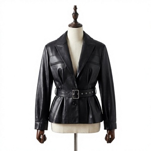 Chaqueta Blazer de Cuero Genuino para Mujer, con Cinturón, Cuello Camisero, Abrigo de Otoño - Product Image 1