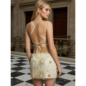 ชุดเซ็ต 2 ชิ้นสำหรับผู้หญิง คอลเลคชั่น 2026 เสื้อสายเดี่ยวเปิดหลัง กระโปรงมินิทรงเข้ารูป ประดับเลื่อม ชุดออกงานกลางคืน - Product Image 1