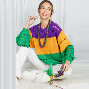 Suéter de Tricô Aberto com Gola Redonda e Mangas Bufantes em Blocos de Cores para o Mardi Gras - Product Image 6