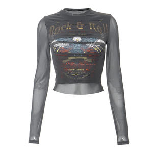 Women <strong>Rockstar</strong> Chi Black Long Sleeve T-Shirt With Eagle and Rock &amp; Roll Print Chic Look Long Sleeve Shirts Blouses - Product Image 6
