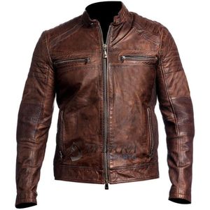 Veste de motard en cuir véritable pour homme, marron, en cuir de vache, coupe-vent, manches longues, ASIN B07GPDMDQX en stock - Product Image 1