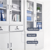 Armoire de rangement de bureau en métal avec portes vitrées, tiroirs et compartiments verrouillables pour l'organisation des dossiers