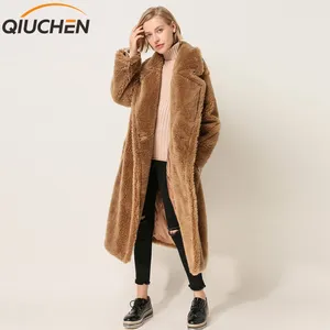 QIUCHENQC1848本物の羊の毛皮のコートロングスタイルのキャメルテディコートオーバーサイズの冬の女性のコート