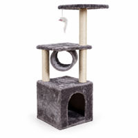 Arbre à chat compact gris avec niche fermée, poteaux en sisal et anneau suspendu