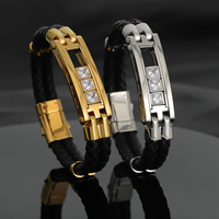 Bracelet en cuir pour homme de haute qualité avec incrustation de diamants Moissanite de 6 mm en acier inoxydable poli et mobile