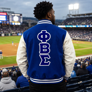 เสื้อแจ็คเก็ต Phi Beta Sigma เสื้อแจ็คเก็ต Fraternity เสื้อแจ็คเก็ต Varsity สำหรับผู้ชาย สีน้ำเงินขาว กระดุมแป๊ก ผ้าฟลีซ เสื้อแจ็คเก็ต Letterman Bomber สไตล์ Preppy - Product Image 3