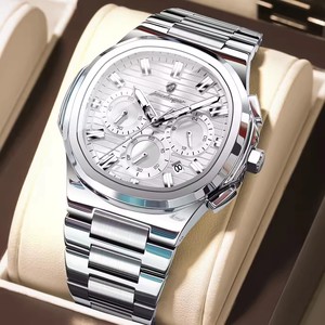Montres de sport chronographes à quartz décontractées POEDAGAR pour hommes, bracelet en acier inoxydable, cadran multifonction, montre-bracelet homme, mode argent bleu - Product Image 6