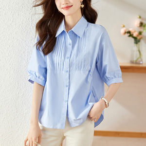 <span class=keywords><strong>เสื้อ</strong></span>เชิ้ตสีฟ้าอ่อน <span class=keywords><strong>เสื้อ</strong></span>เชิ้ตแขนสั้นสำหรับ<span class=keywords><strong>ผู้หญิง</strong></span> ดีไซน์<span class=keywords><strong>เสื้อ</strong></span>เปปลัมสำหรับฤดูร้อน <span class=keywords><strong>เสื้อ</strong></span>เชิ้ตผ้าฝ้ายทรงหลวมกระชับสัดส่วน - Product Image 2
