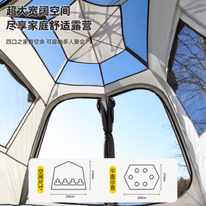 Tente de camping extérieure printemps-été 290x210cm, grand espace, hexagonale, automatique, imperméable, pour 6 à 8 personnes, usage familial - Product Image 1