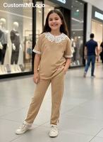 T-shirt à manches courtes de haute qualité avec col en dentelle, broderie et strass thermocollants + pantalon en dentelle, ensemble 2 pièces pour tous les jours et tenue de rue
