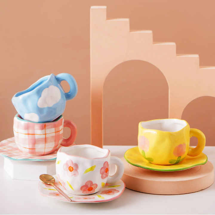 Wholesale Handmade Creative Ceramic Mug Irregular Hand Drawn Cute Mug Ceramic Coffee Mugs with Saucers