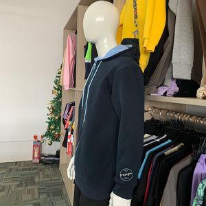 Sudadera con capucha de hombre polar con serigrafía de 400g/m2 con logotipo personalizado, Sudadera con capucha azul con bloque de color y cremallera - Product Image 5