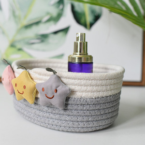 Woven Storage Basket Round White And Gray Handmade Desktop Organizer For Keys Remote <b>Control</b> Small Size - Product Image 2