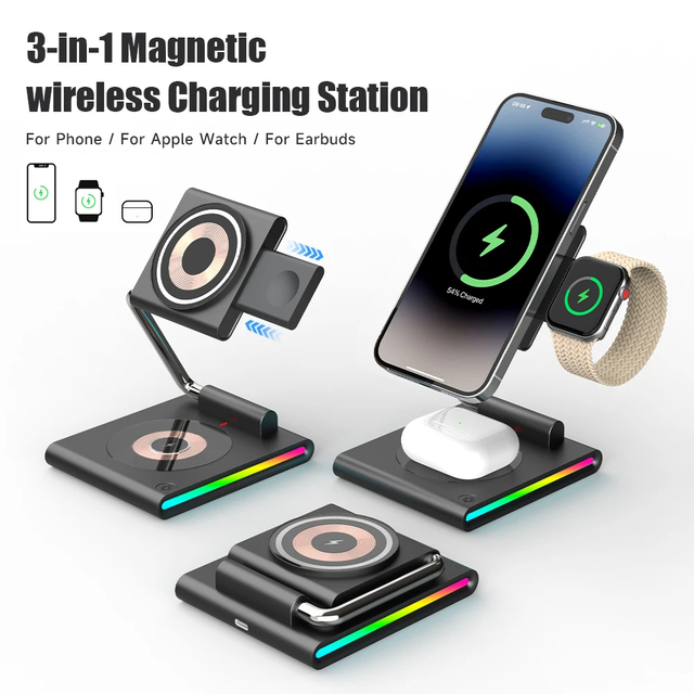 Foldable Portable Magnetic 3-in-1 Wireless PD Charger Dock for iPhone 12-15 Pro Max for Watch 9-3 for 3 & Pro2