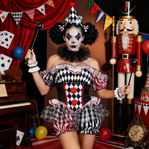 Costume de cosplay traditionnel de <span class=keywords><strong>clown</strong></span> sombre pour Halloween, inspiré des films et séries TV - Combinaison sexy de <span class=keywords><strong>clown</strong></span> de cirque avec bandeau et collier - Product Image 4