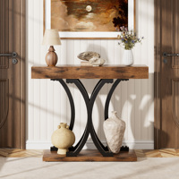 Table console à pieds courbes en forme de X avec plateau en bois rustique épais, base stable, table étroite pour entrée, salon, couloir