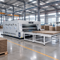 Machine de fabrication de boîtes en carton avec alimentation en chaîne, impression flexo 4 couleurs et découpeuse-creuseuse pour carton ondulé