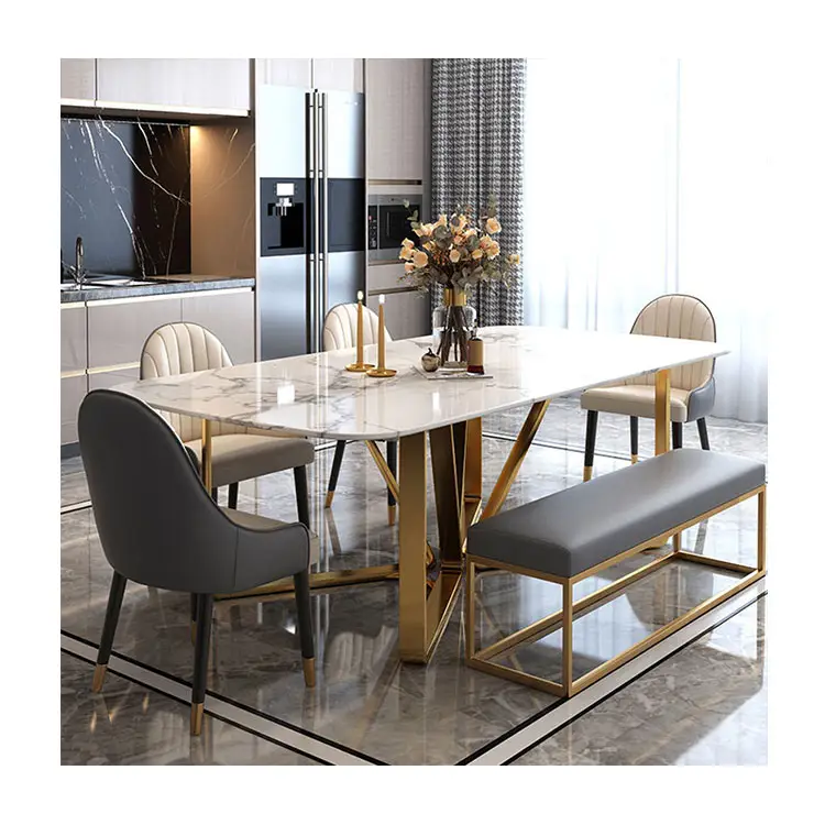 Modern Luxury golden stainless steel dining table with marble top for dining room furniture dining table set mesas restaurante